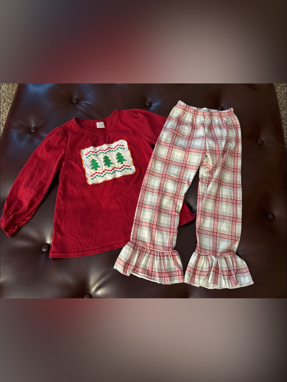 Girls Red Holiday Tree Pajama Set with Plaid Ruffle Pants